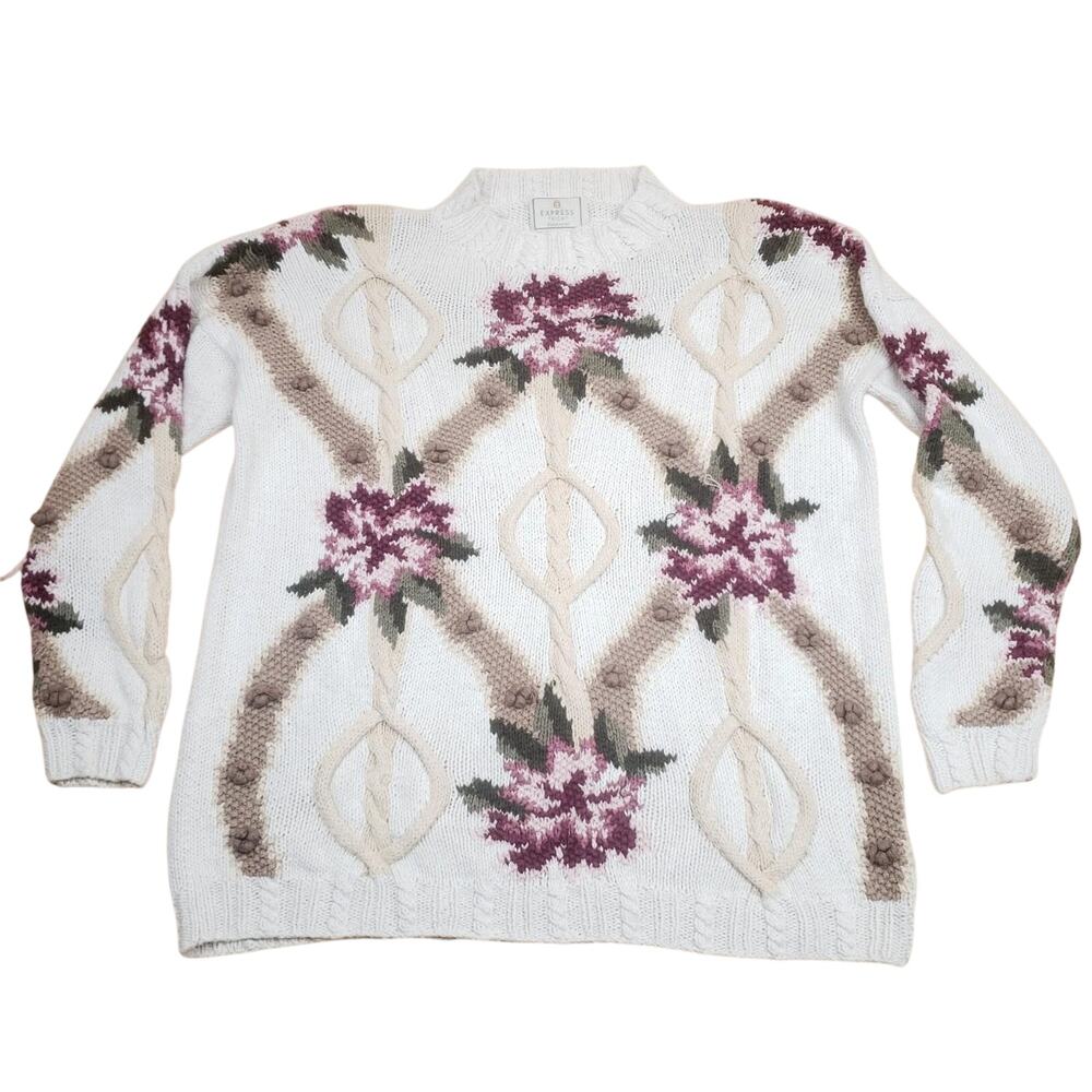 Express Tricot Floral Knit Vintage Wool Pullover Sweater Hand Cable Knit Size M